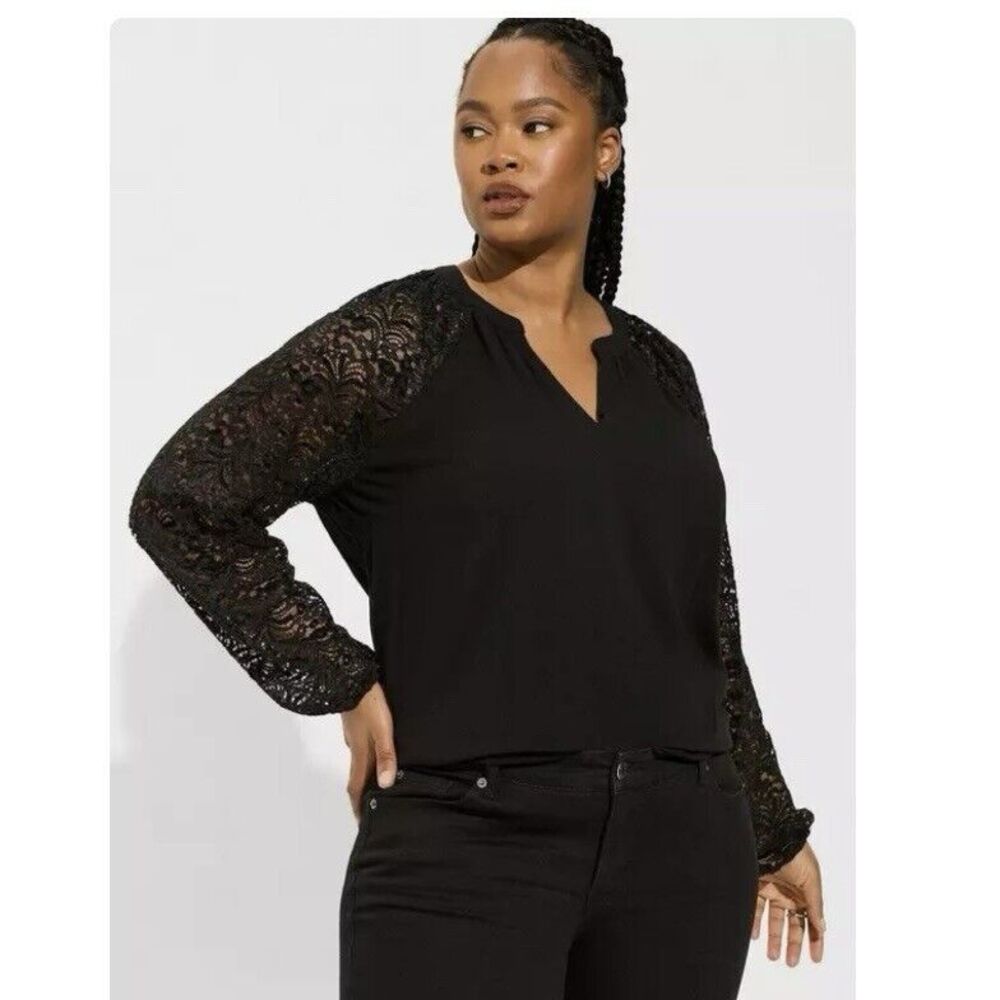 Torrid Black Washable‎ Crinkle Gauze Lace Bishop Sleeve Blouse Size 2X